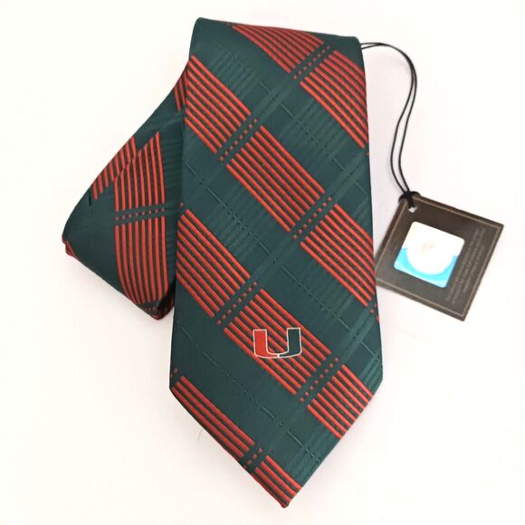 NWT Univ of Miami Woven Plaid Tie Eagles Wings Green/Orange 4" - Picture 1 of 8